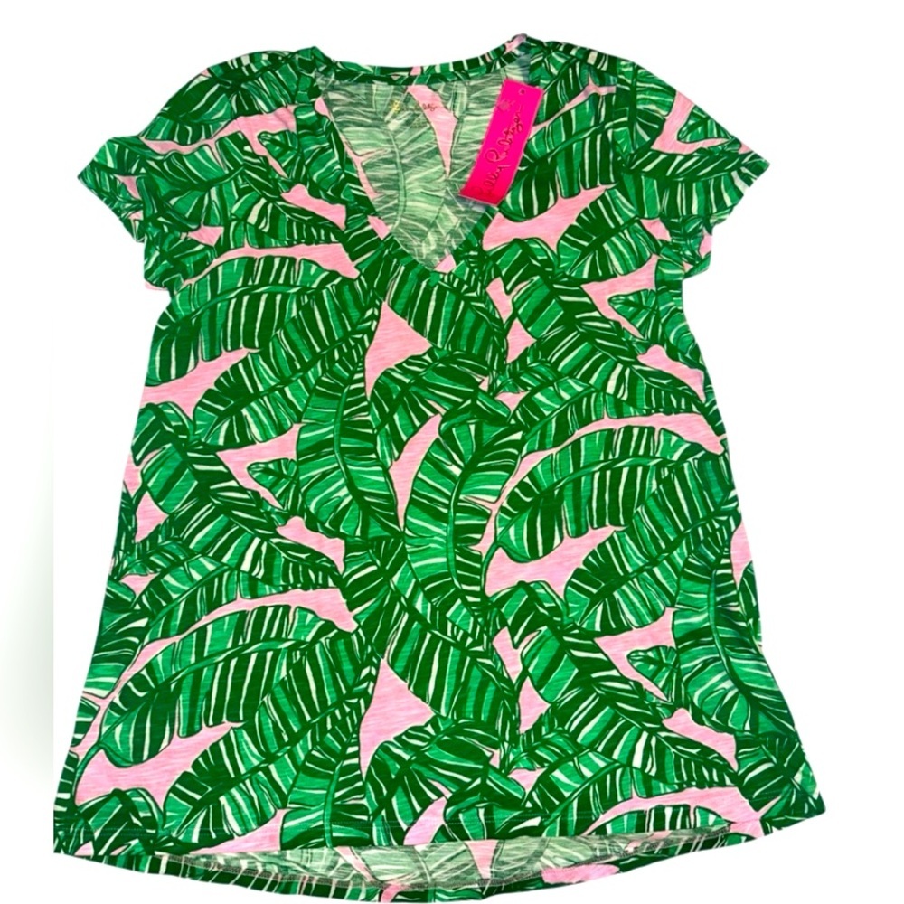 NWT LILLY PULITZER Etta V-neck short sleeve top CONCH SHELL PINK LETS GO BANANAS